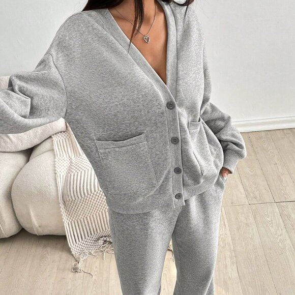 Grey Casual Women's Set Outfit V-Neck Buttoned Top With Pockets - Picture 3 of 6